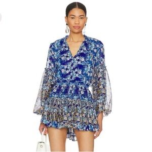 Misa Los Angeles Elisabetta dress blue long sleeve floral yellow mini XS